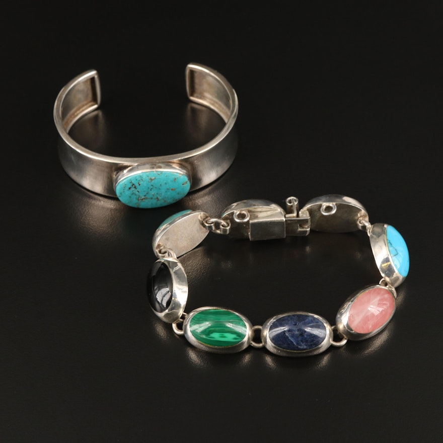 Mexican Sterling Gemstone Bracelet with Bezel Set Turquoise Cuff