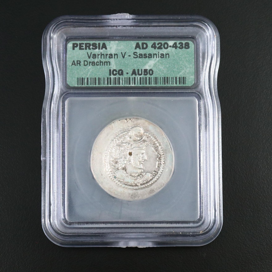 ICG Graded AU50 Ancient Sassanian AR Drachm Coin of Varhran V, ca. 420 AD