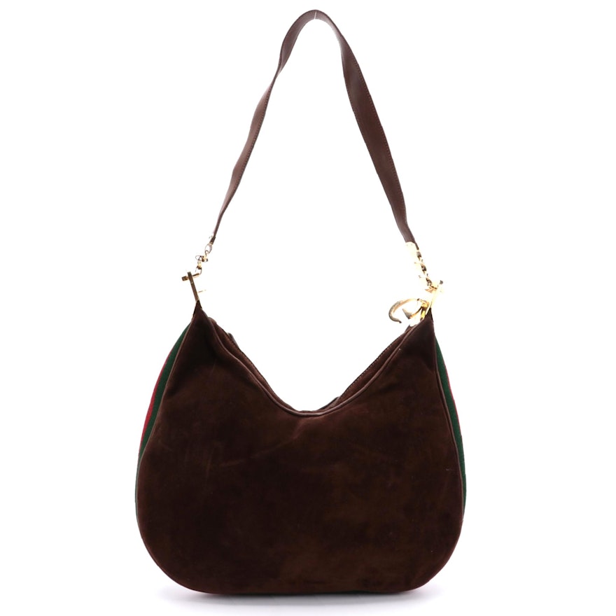 Gucci G-Clasp Web Stripe Hobo Bag in Brown Suede and Leather