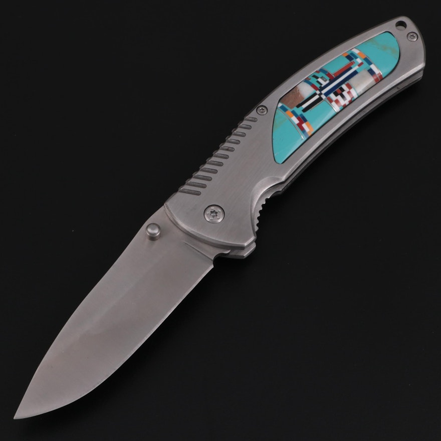 Southwestern Style Stone Inlaid Folding Pocket Knife