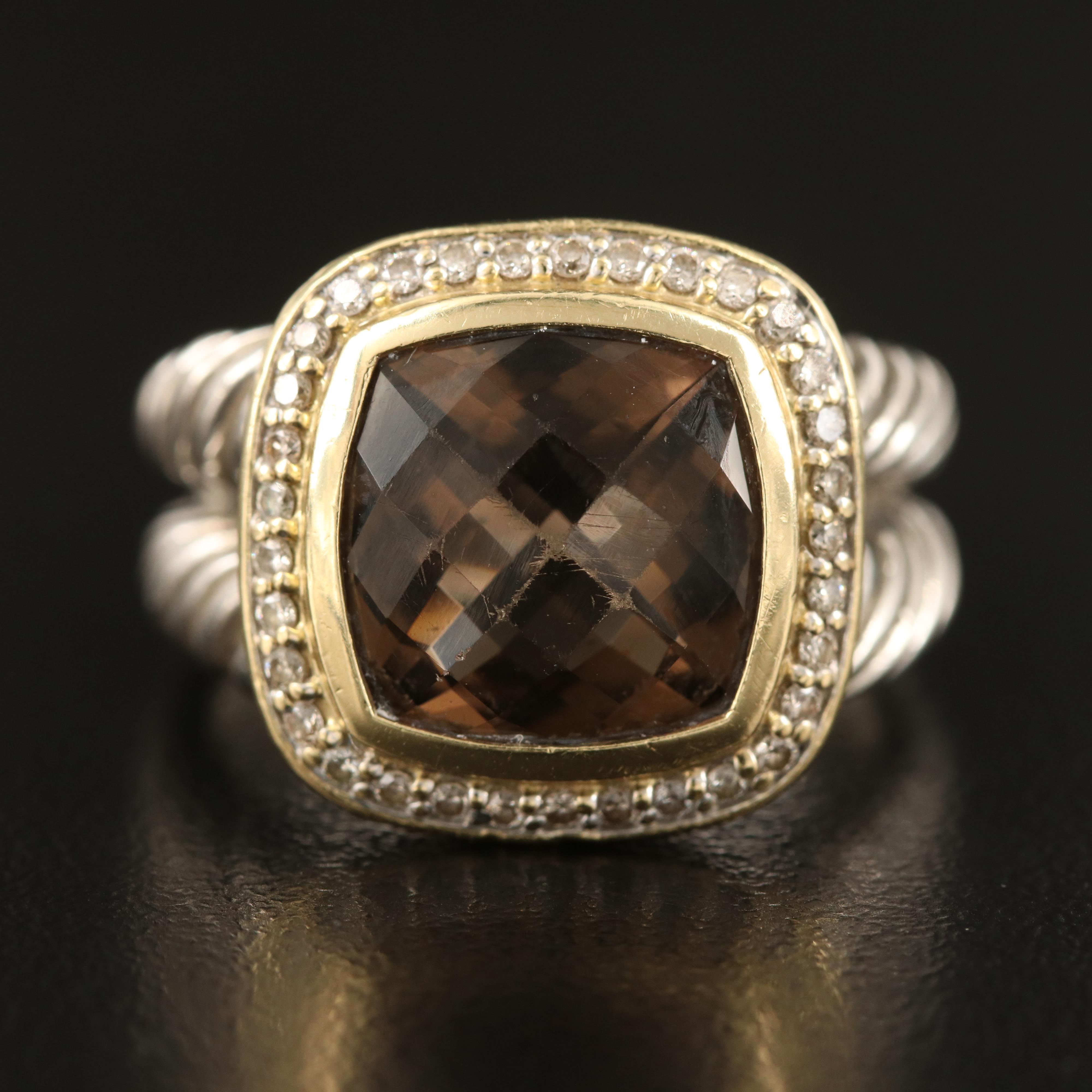 David Yurman "Albion" Sterling Smoky Quartz and Diamond Ring with 18K Accent