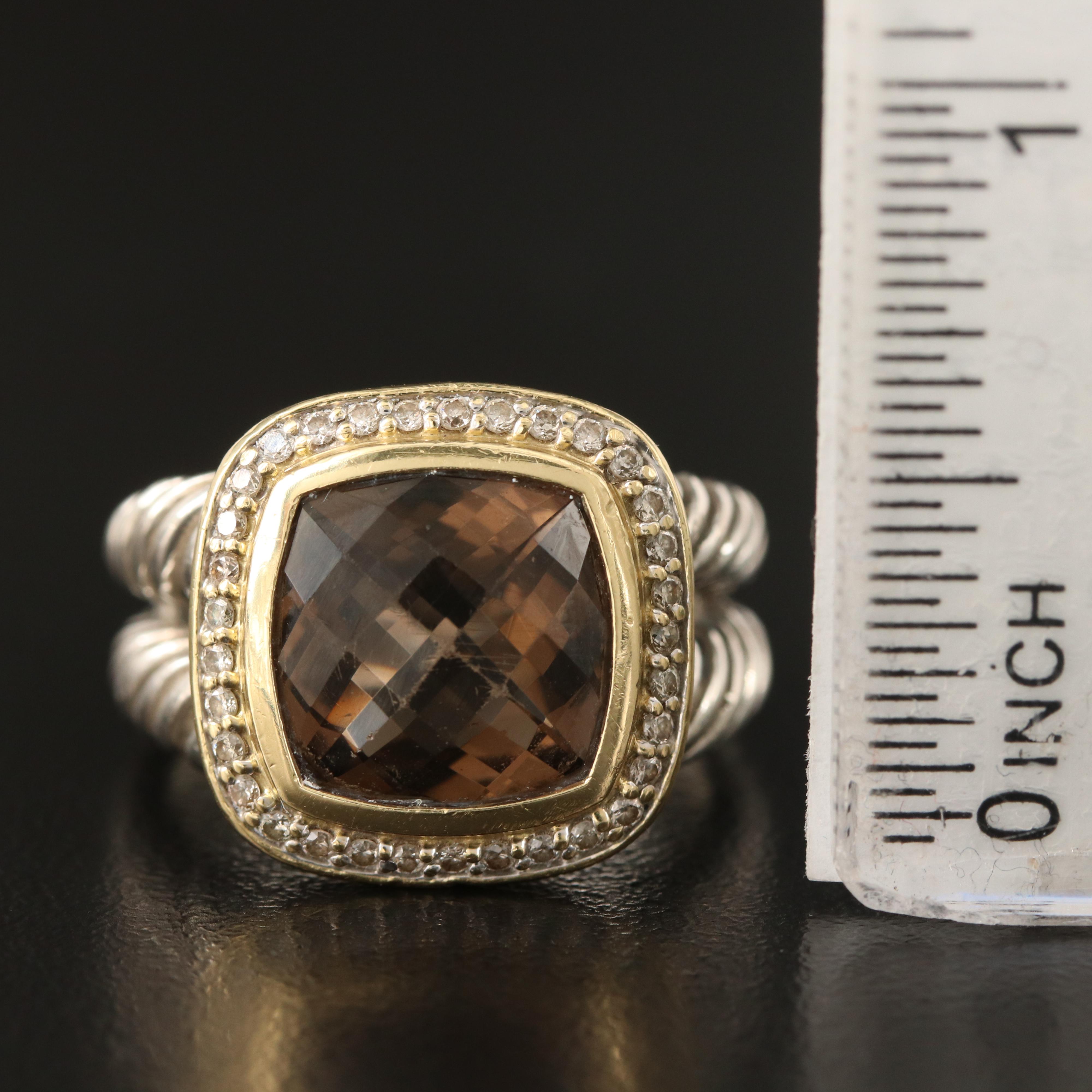David Yurman "Albion" Sterling Smoky Quartz and Diamond Ring with 18K Accent