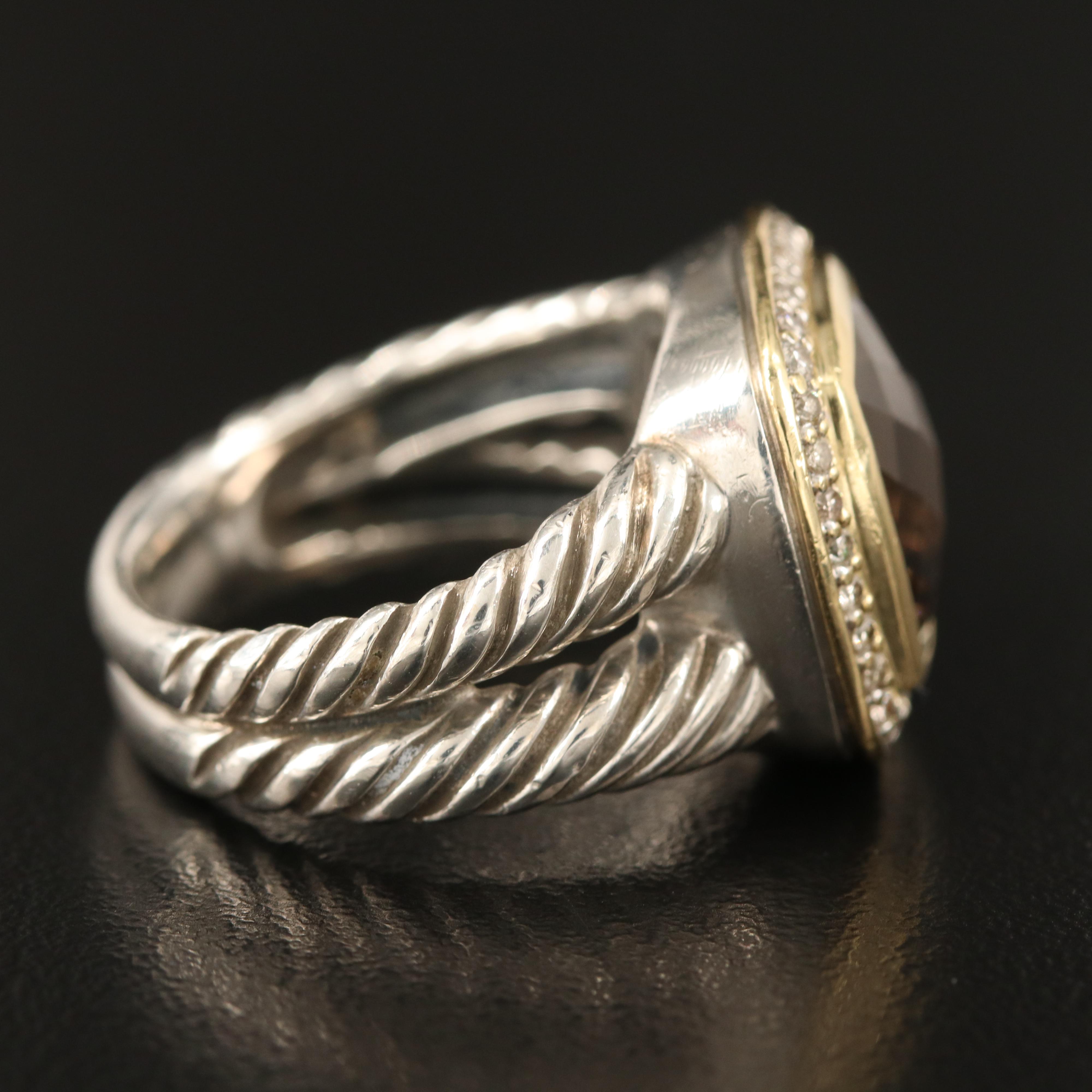 David Yurman "Albion" Sterling Smoky Quartz and Diamond Ring with 18K Accent