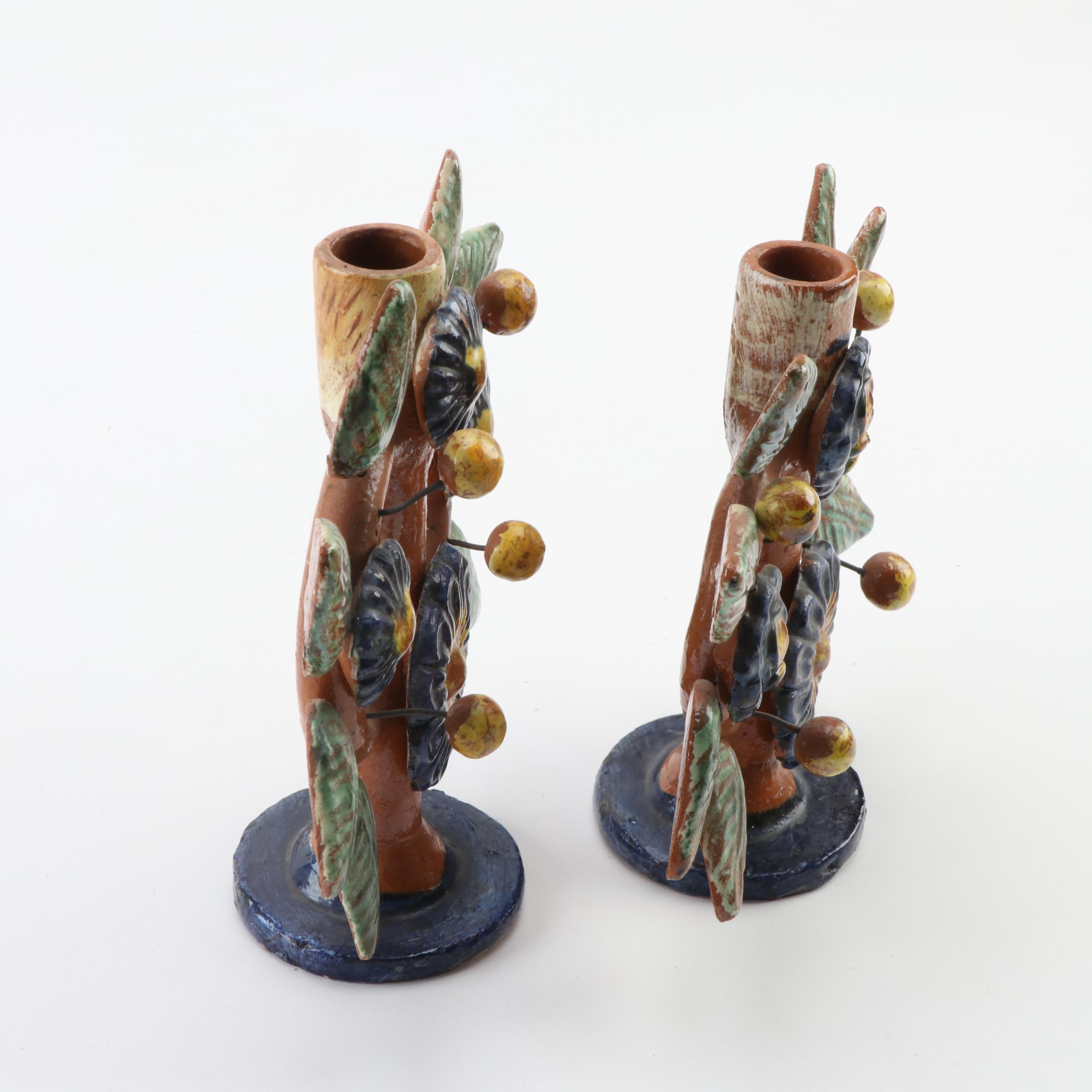 Mexican Folk Art "Tree of Life" Pottery Candlesticks, Mid-20th Century