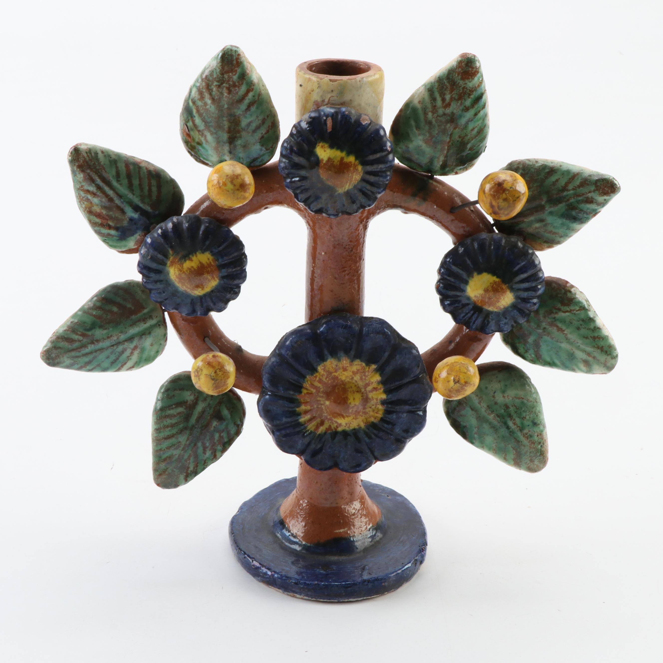 Mexican Folk Art "Tree of Life" Pottery Candlesticks, Mid-20th Century