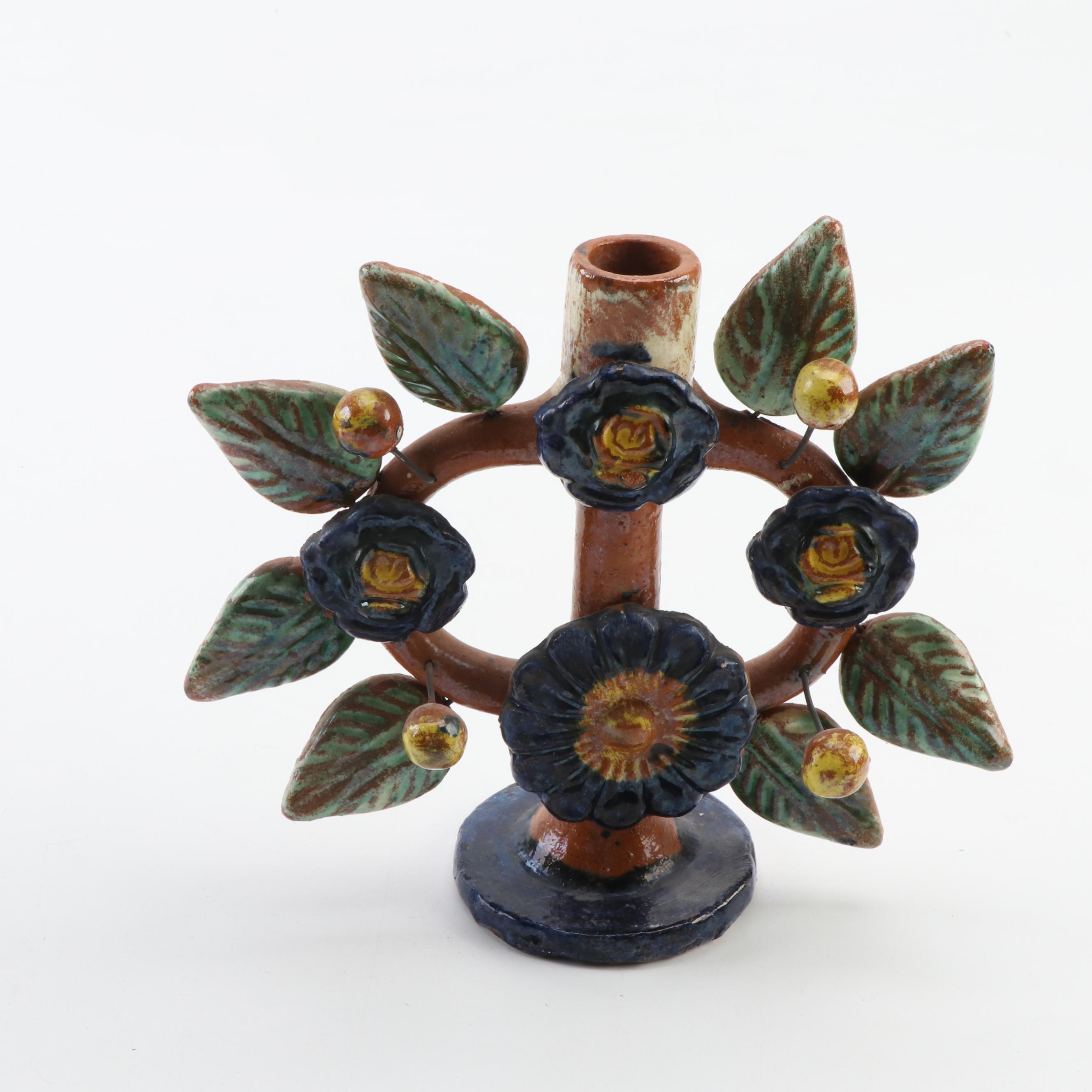 Mexican Folk Art "Tree of Life" Pottery Candlesticks, Mid-20th Century