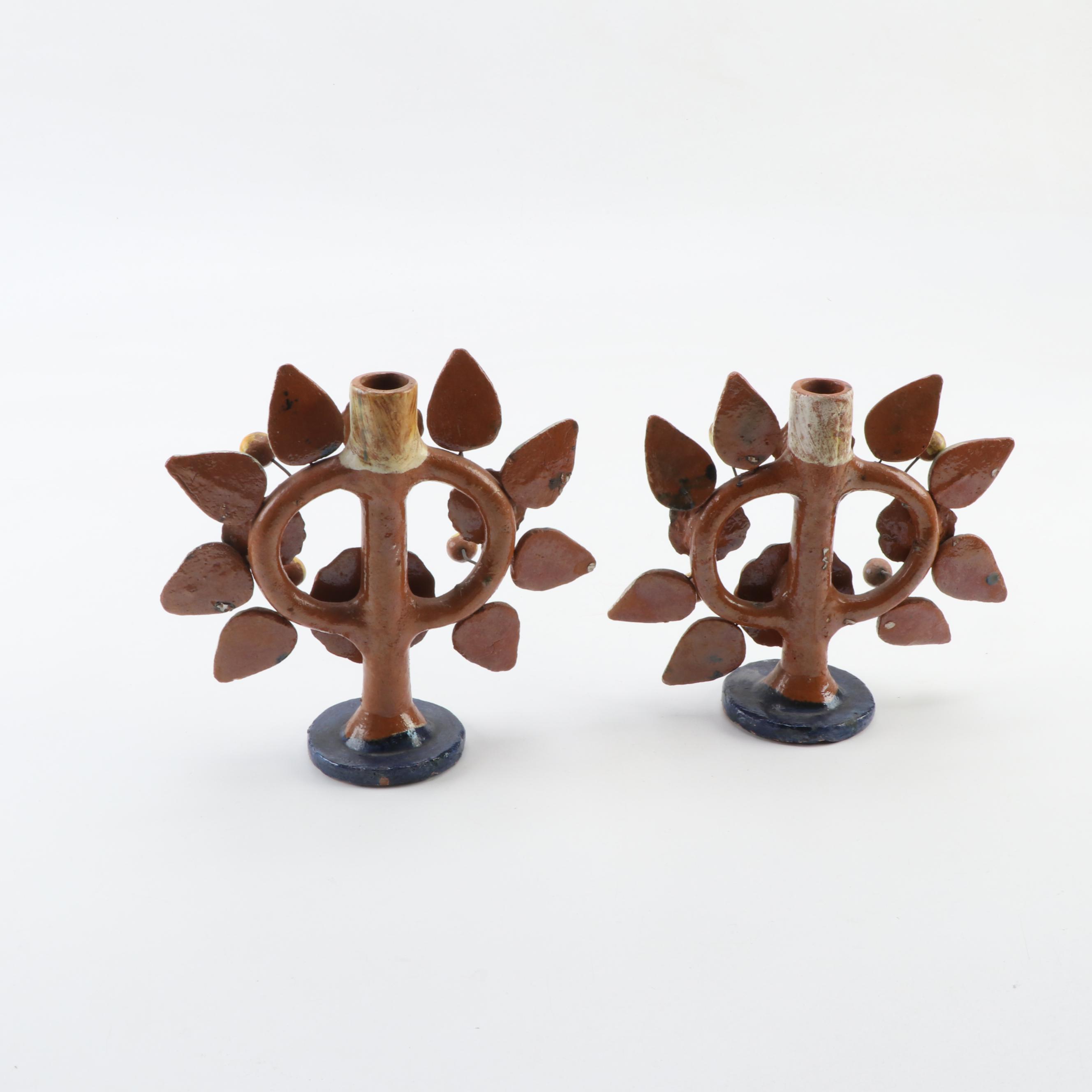 Mexican Folk Art "Tree of Life" Pottery Candlesticks, Mid-20th Century