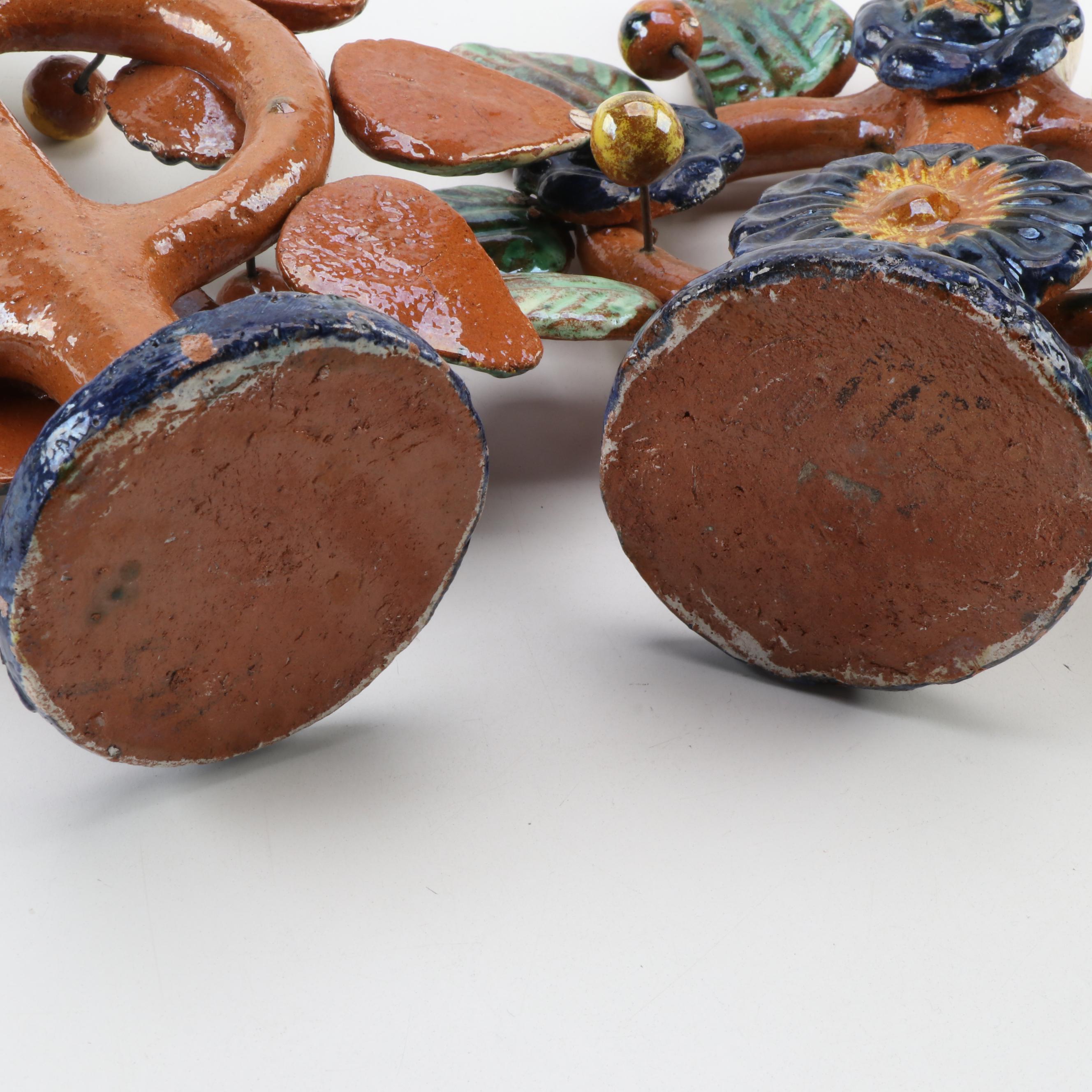 Mexican Folk Art "Tree of Life" Pottery Candlesticks, Mid-20th Century