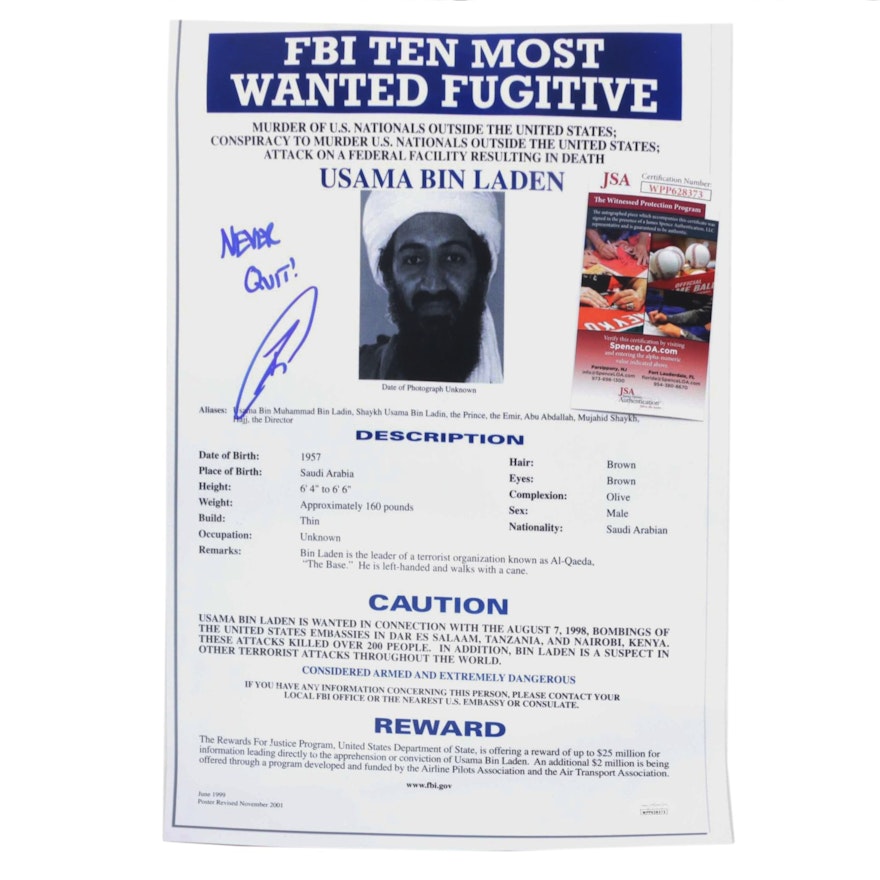Robert O'Neill Signed Usama Bin Laden FBI Most Wanted Photo Print Poster, JSA