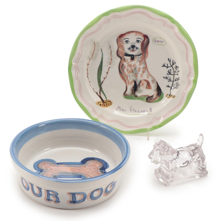 M.A. Hadley Ceramic Dog Bowl with Glass Schnauzer Figurine and Plate