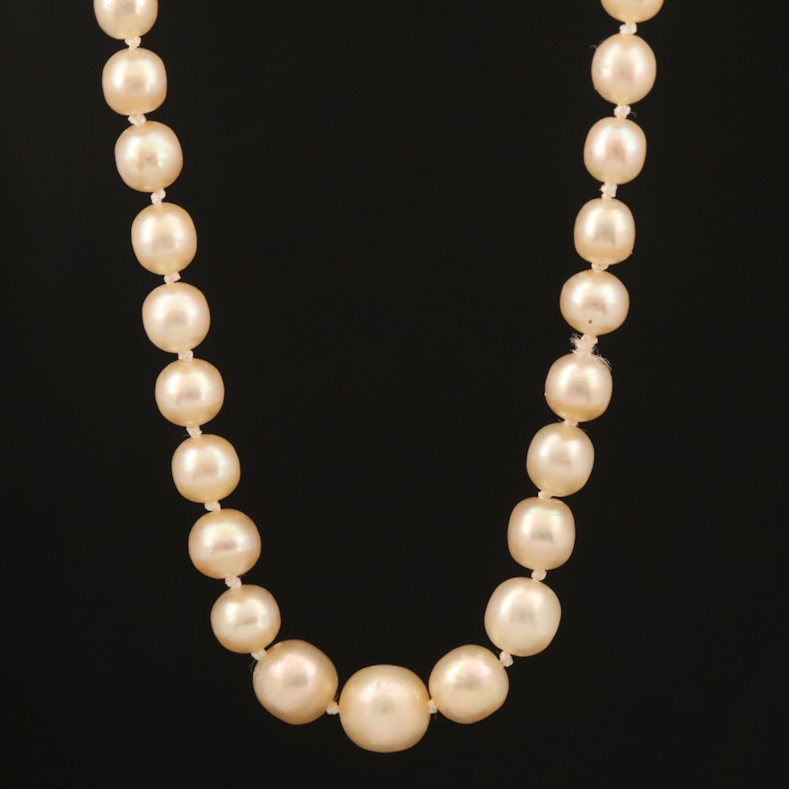 Vintage Graduated Natural Pearl and Diamond Necklace with GIA Report