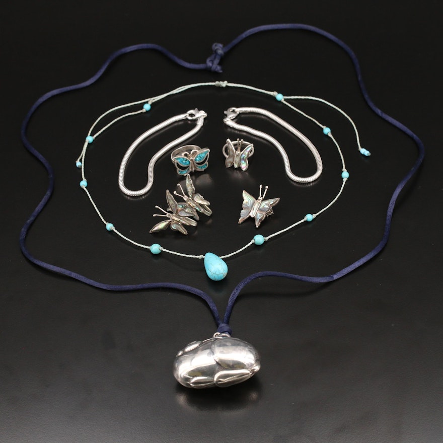 Sterling Jewelry Selection Including Abalone and Gemstones