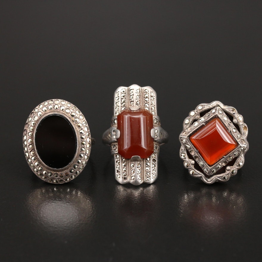 Art Deco Style Carnelian and Gemstone Rings Featuring Uncas
