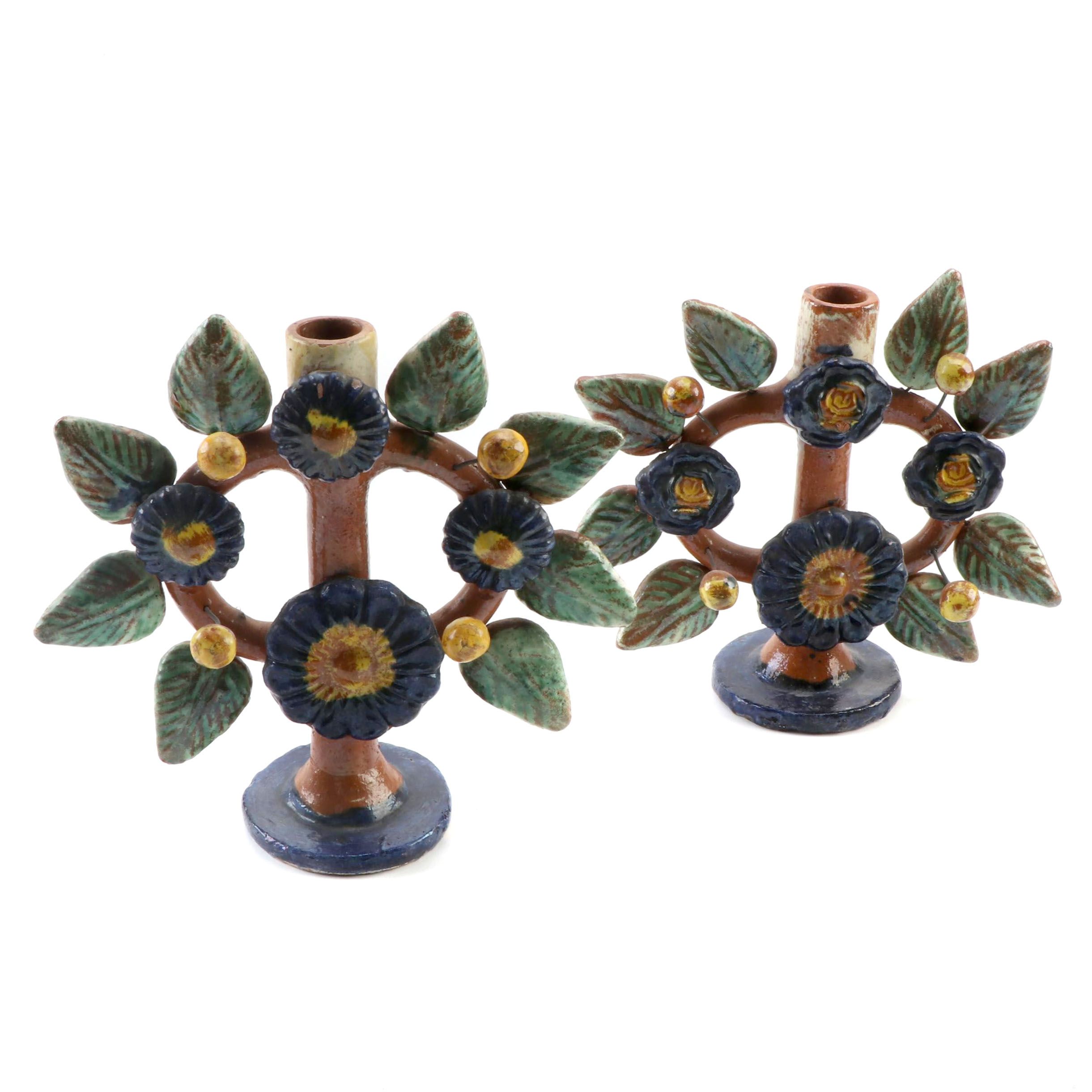 Mexican Folk Art "Tree of Life" Pottery Candlesticks, Mid-20th Century