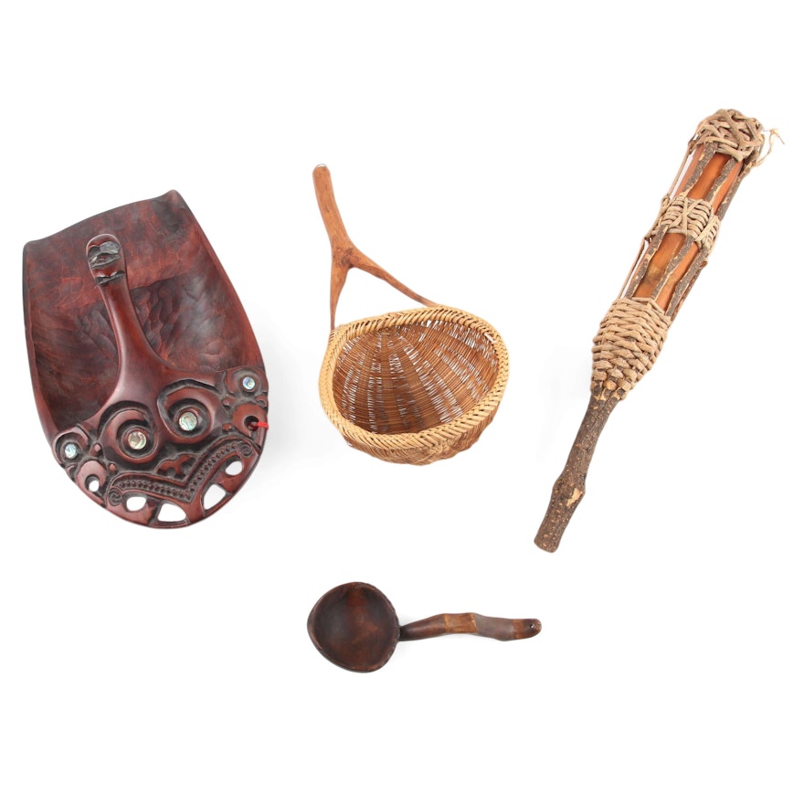 Māori  Wood Bailer, Ifugao Style Bowl, Woven Rice Scoop, and Bamboo Container