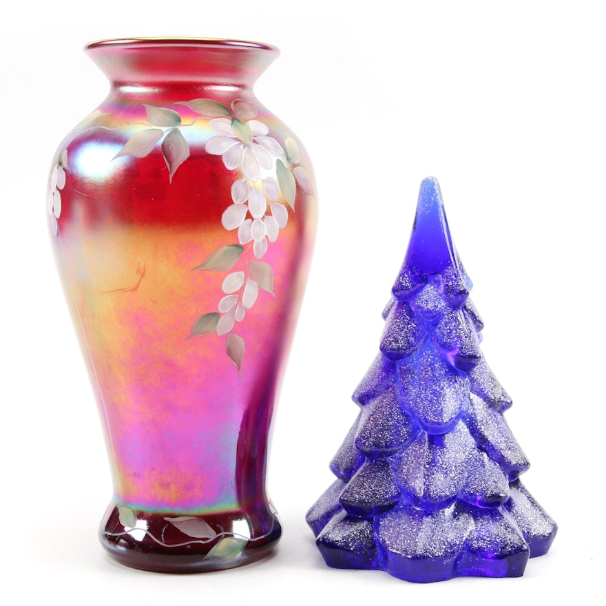 Fenton Cobalt Blue Tree with Iridescent Hand-Painted Floral Glass Vase