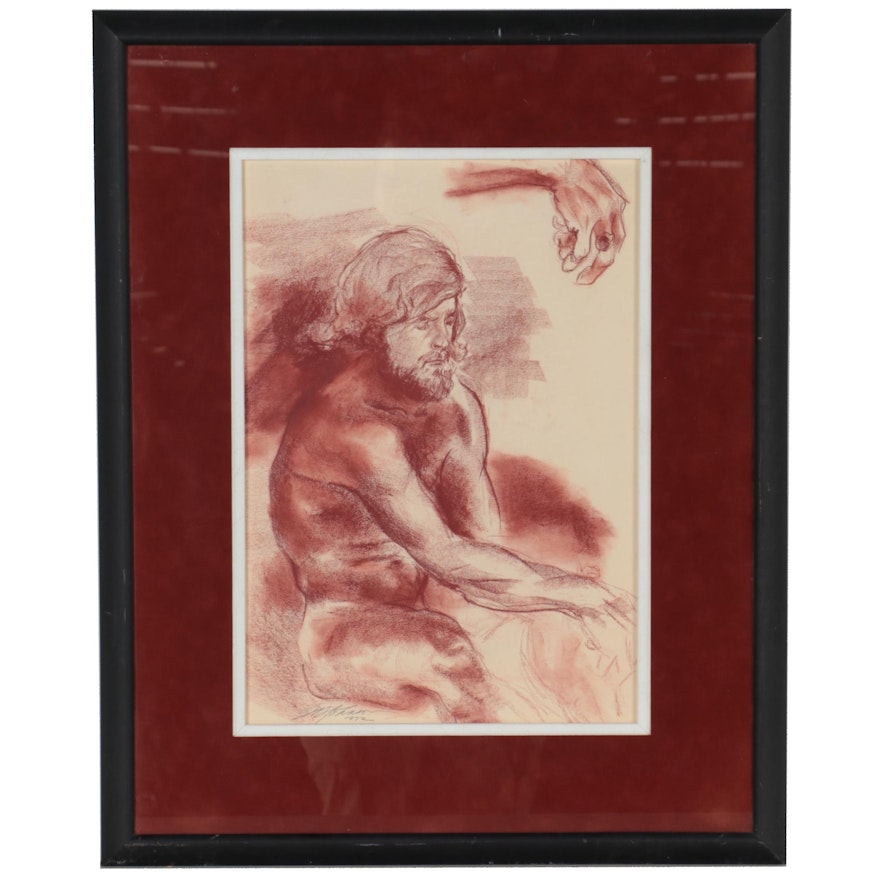 Red Conté Figure Drawing of Seated Male Nude, 1972