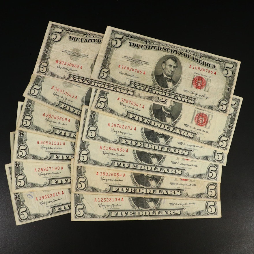 Twelve $5 Legal Tender Notes, 1953 and 1963