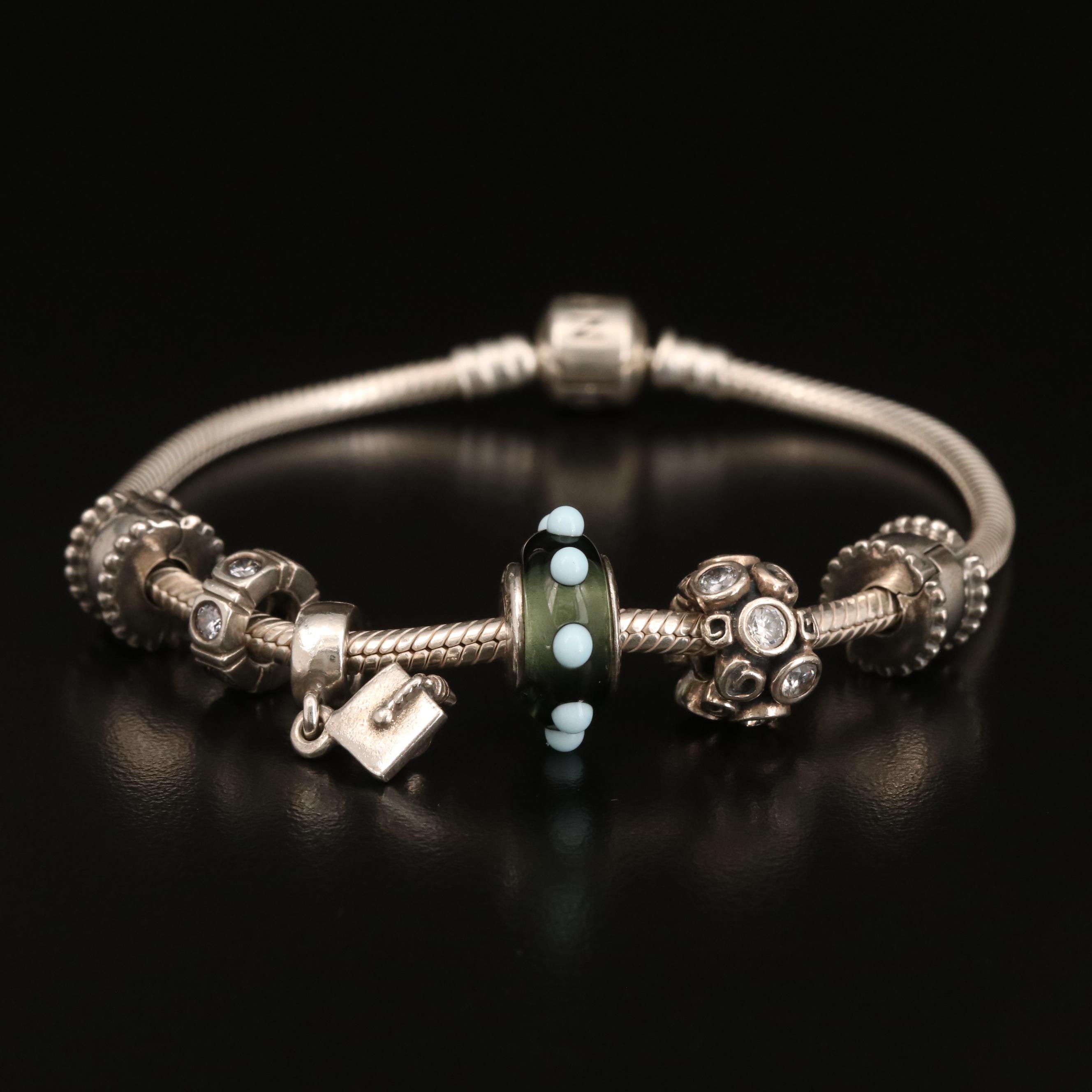 Pandora Sterling Charm Bracelet Including Graduation Cap Charm
