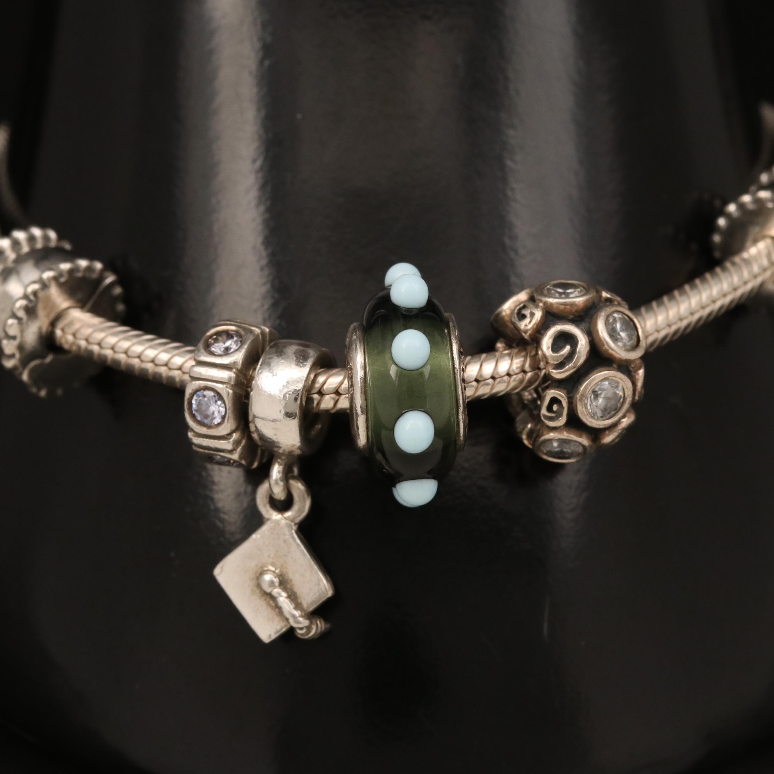 Pandora Sterling Charm Bracelet Including Graduation Cap Charm