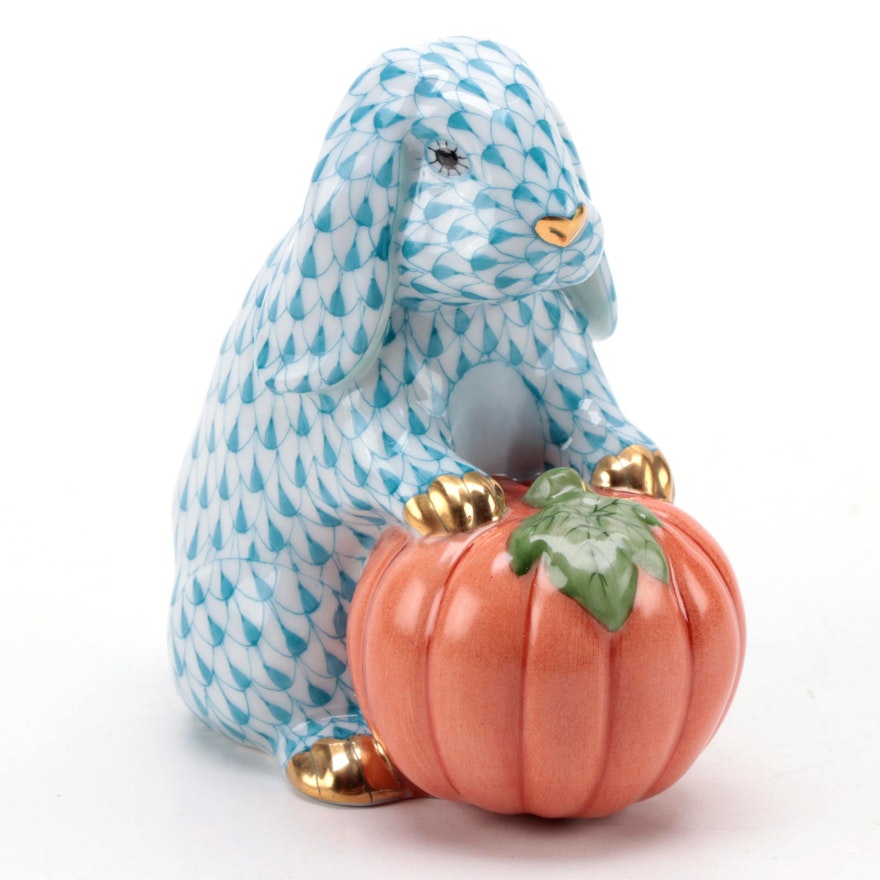 Herend Fishnet with Gold "Autumn Bunny" Porcelain Figurine