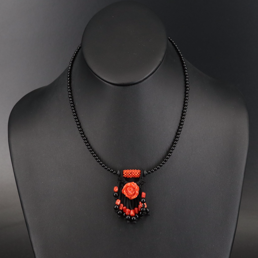 Sterling Coral, Black Onyx and Glass Necklace