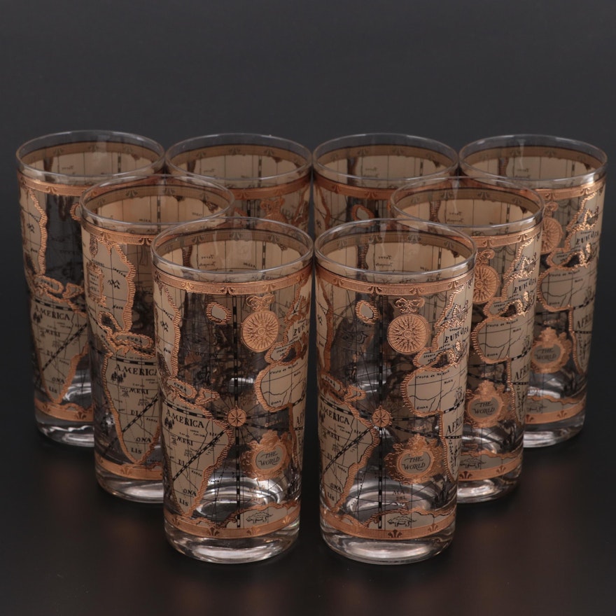 Cera "Maps" Gilt Decorated Highball Glasses, Late 20th Century