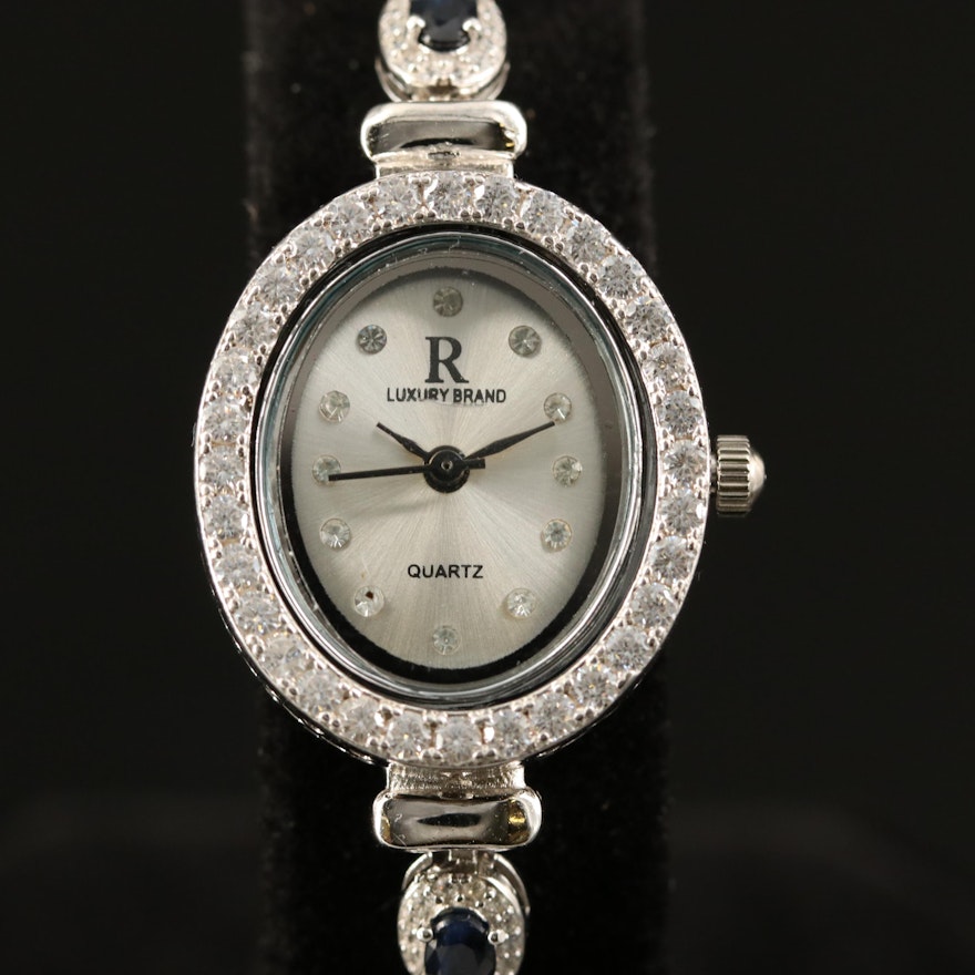 Luxury Brand Quartz Sterling Silver Sapphire and Cubic Zirconia Wristwatch