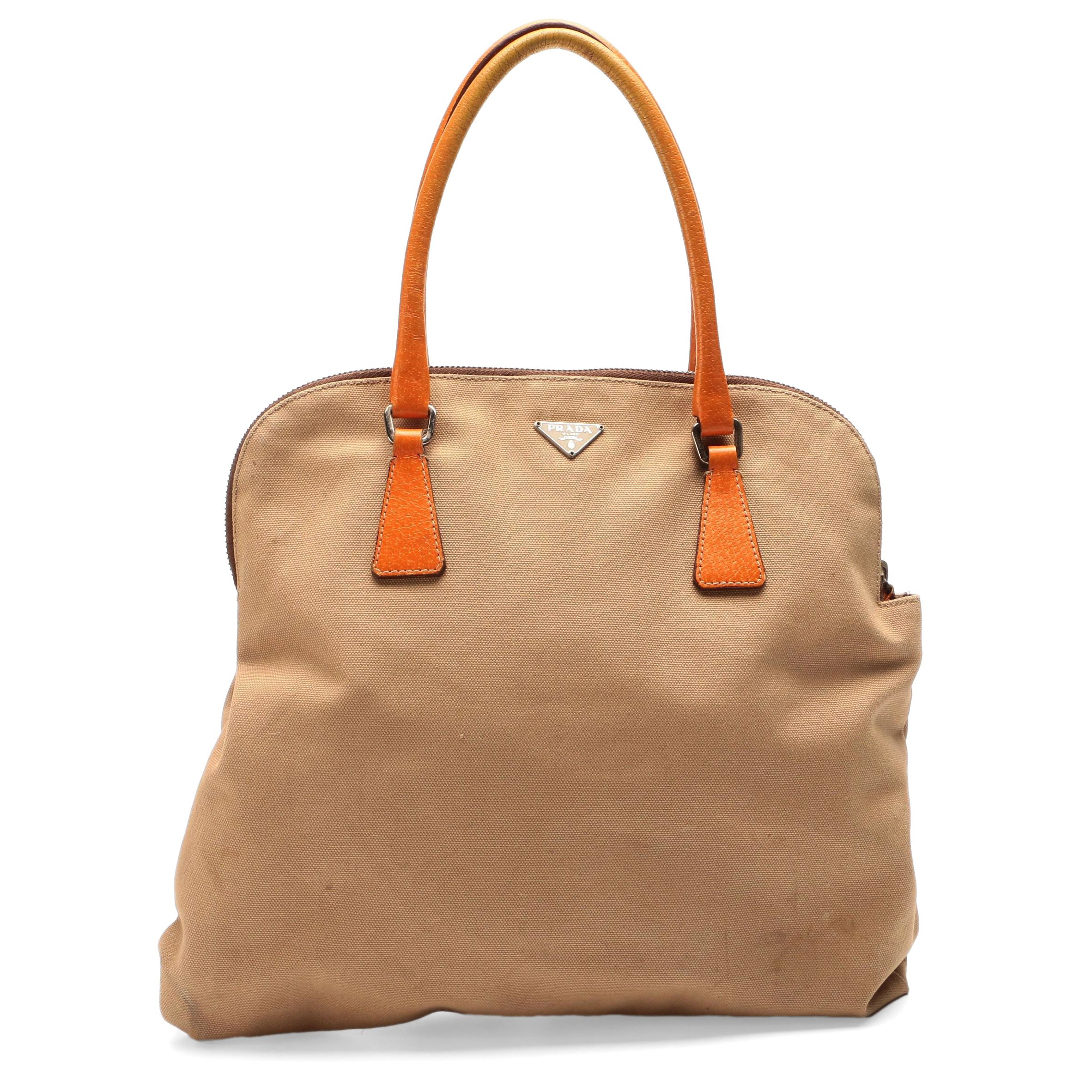 Prada Domed Handbag in Beige Canvas with Orange Leather Trim