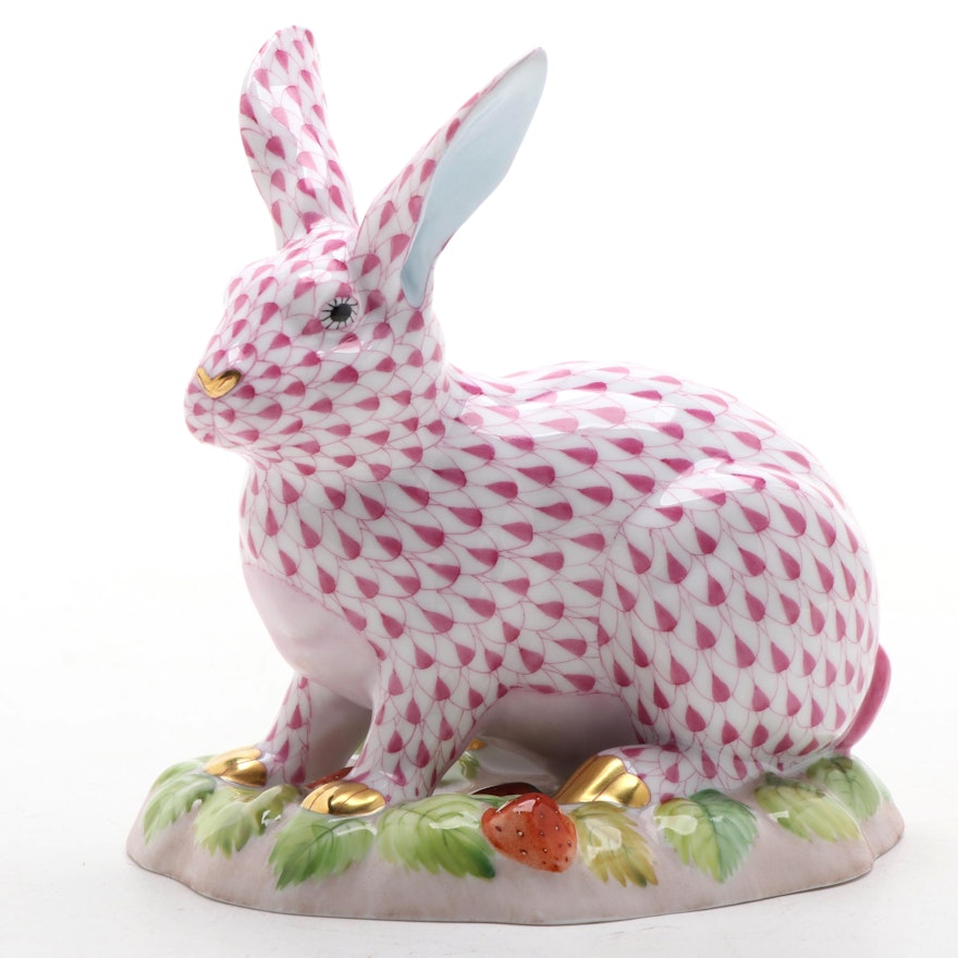 Herend Raspberry Fishnet "Berry Bunny" Porcelain Figurine