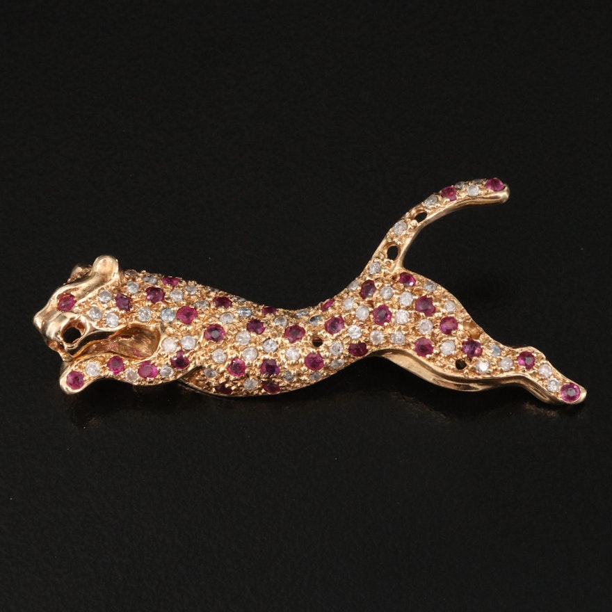 14K Diamond and Ruby Zoomorphic Feline Brooch