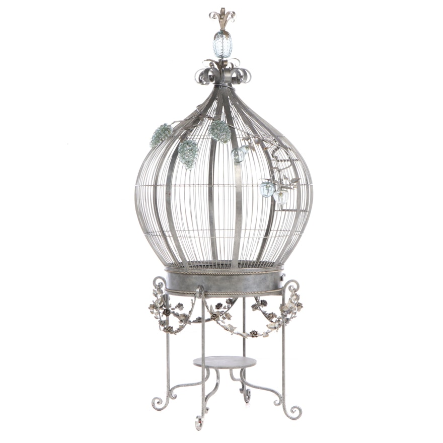 Large Glass-Mounted, Patinated, and Wrought Iron Cage-on-Stand