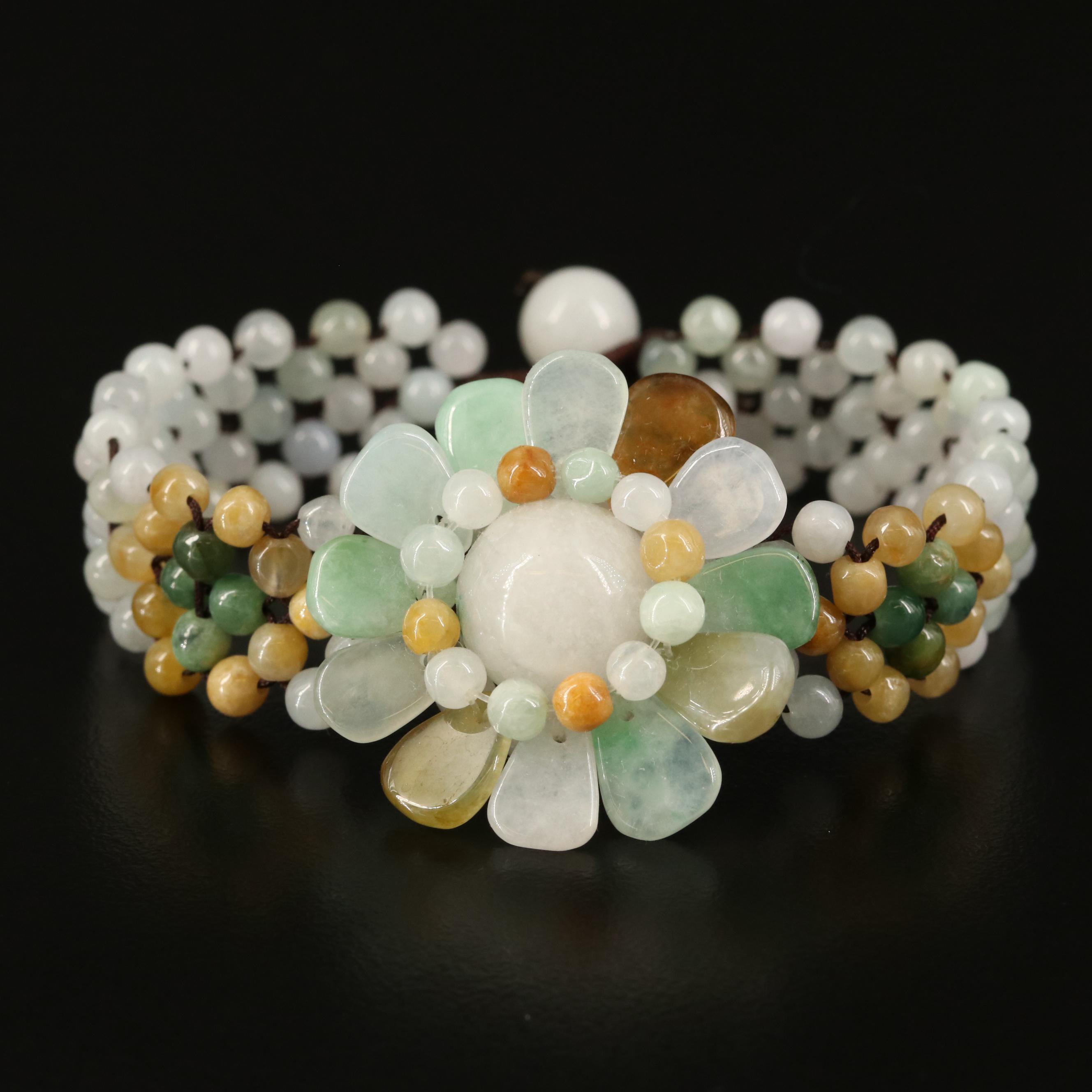 Flower Beaded Bracelet with Quartz and Jadeite