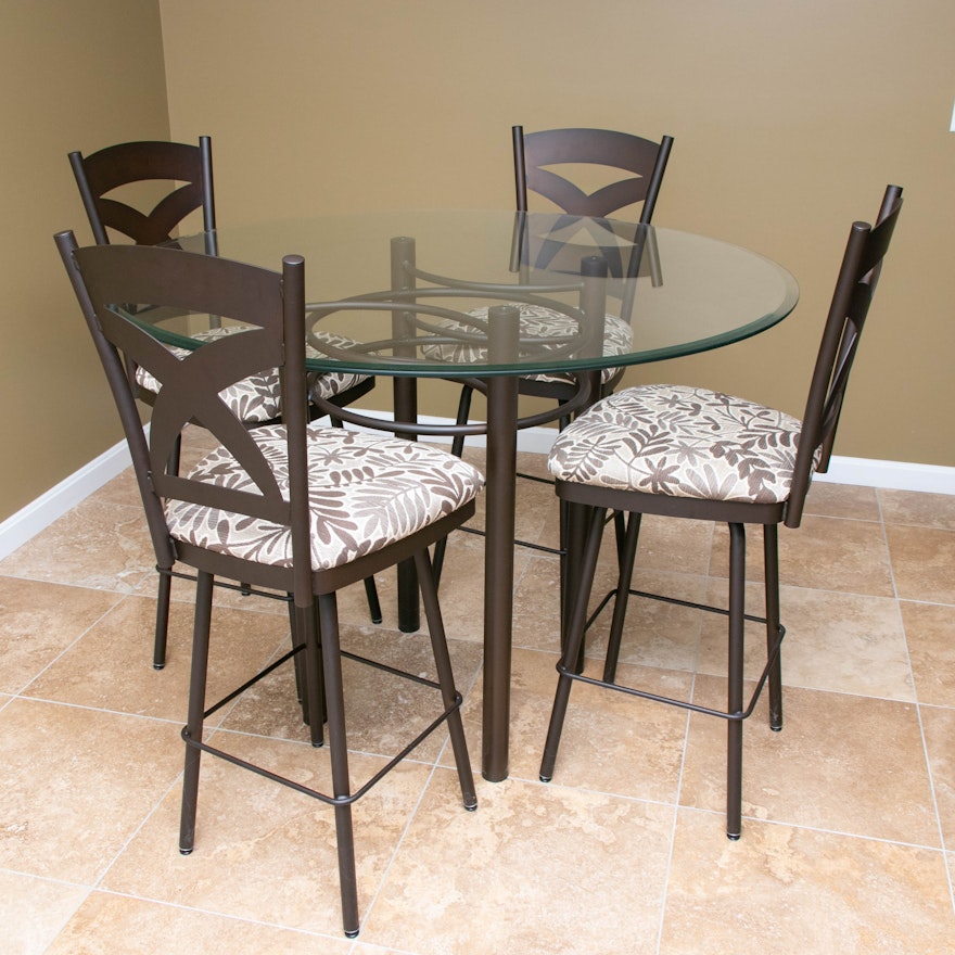 Amisco High-Top Glass and Metal Table with Four Bronze-Tone Metal Stools