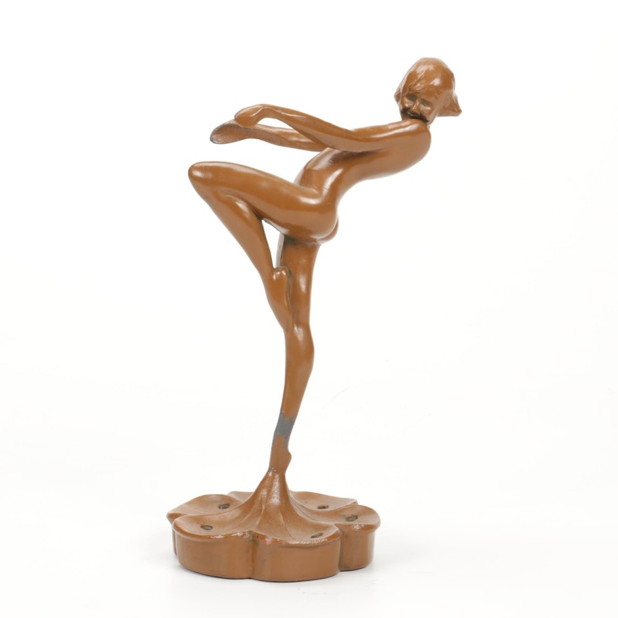 Art Deco Frankart Style Cast Spelter Dancing Nymph Floral Frog