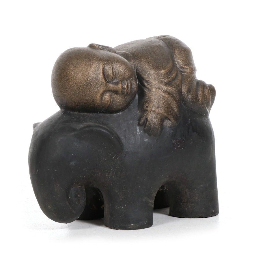 Shaolin Monk on Elephant Garden Statue, Contemporary