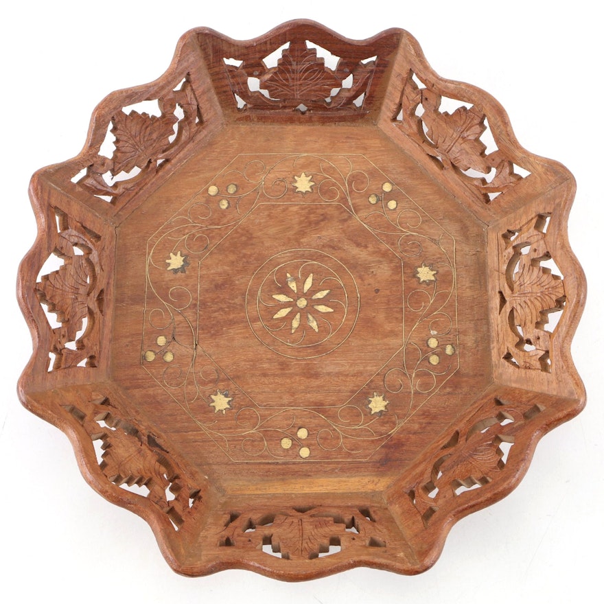 Indian Hand-Carved Teak Wood Bowl with Brass Inlay, Mid to Late 20th Century