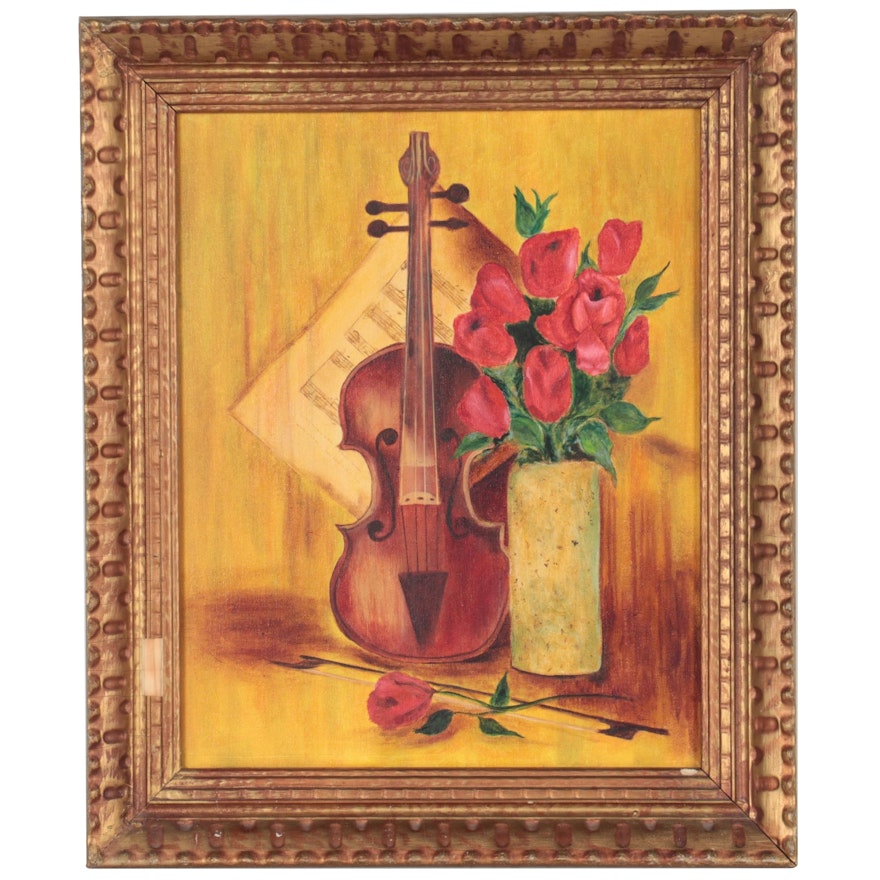 Still Life Oil Painting of Violin and Flowers, Late 20th Century