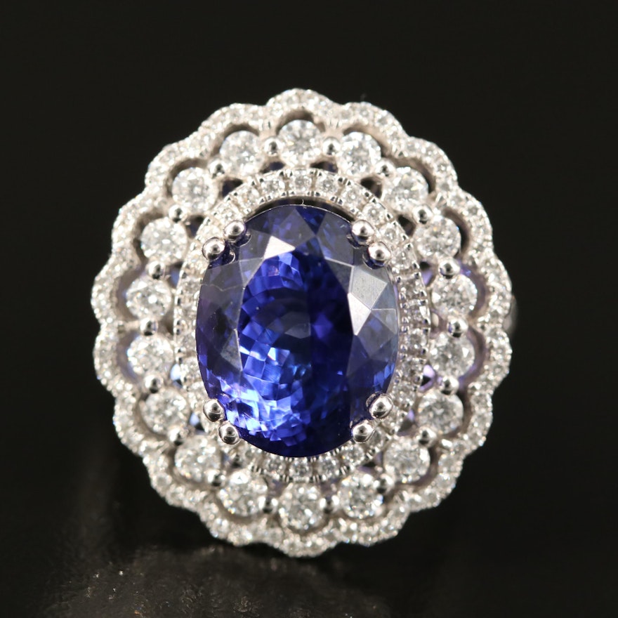 14K 8.03 CT Tanzanite and 1.75 CTW Diamond Triple Halo Ring