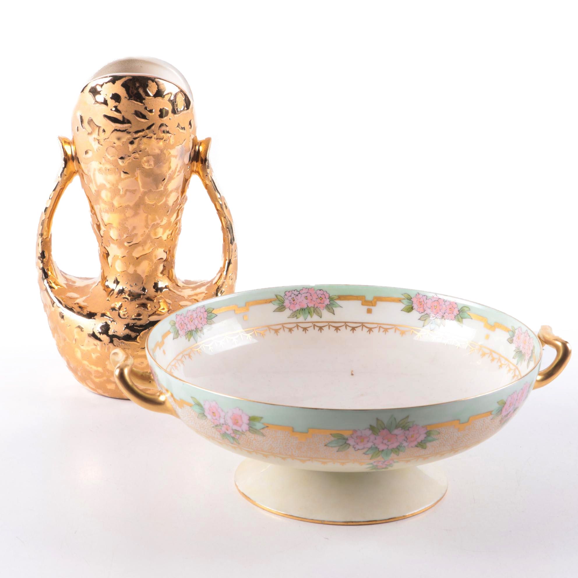 Haviland Porcelain Compote with 24 KT. Gold Decorated Vase, Mid-20th Century