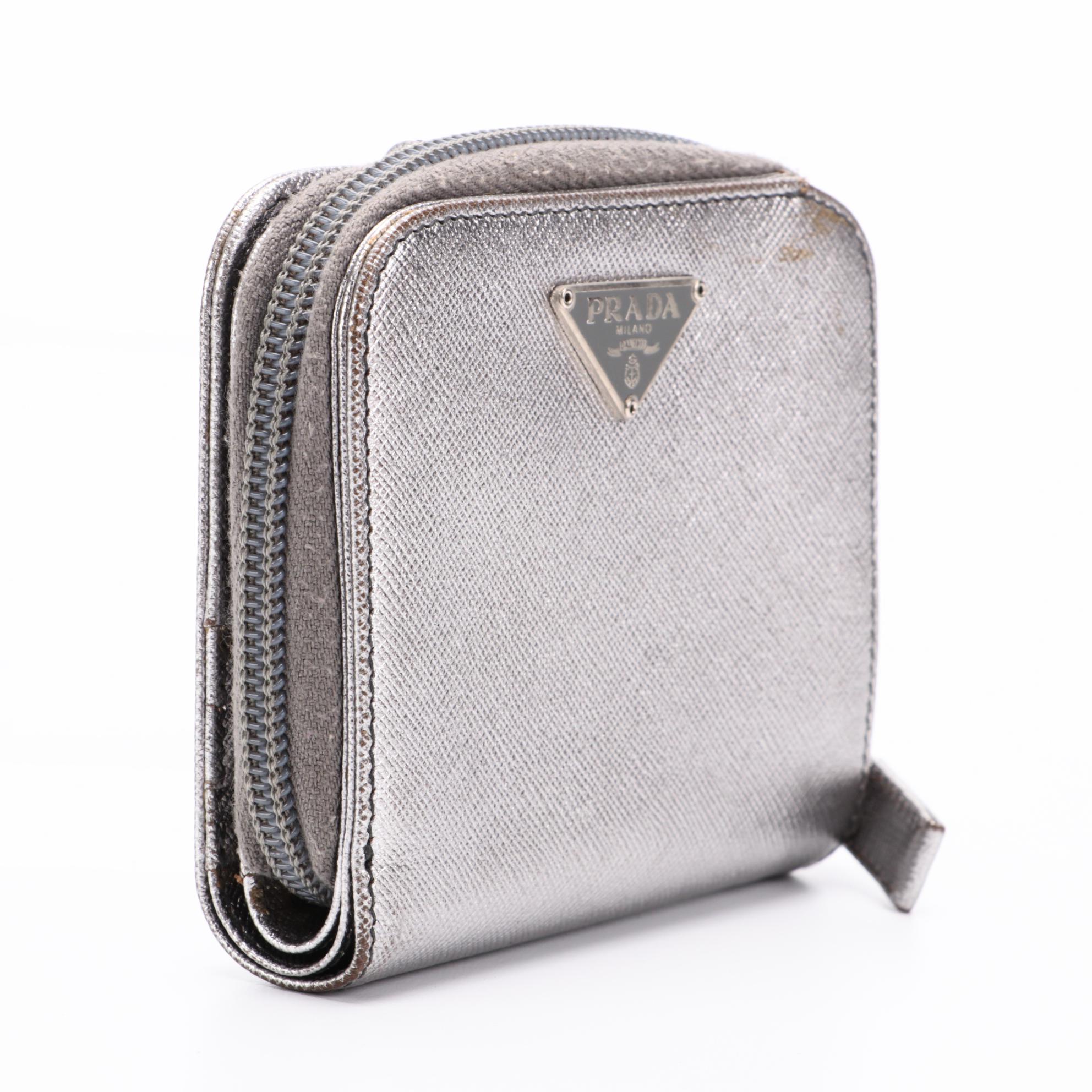 Prada Zip Around Compact Wallet in Silver Metallic Saffiano Leather