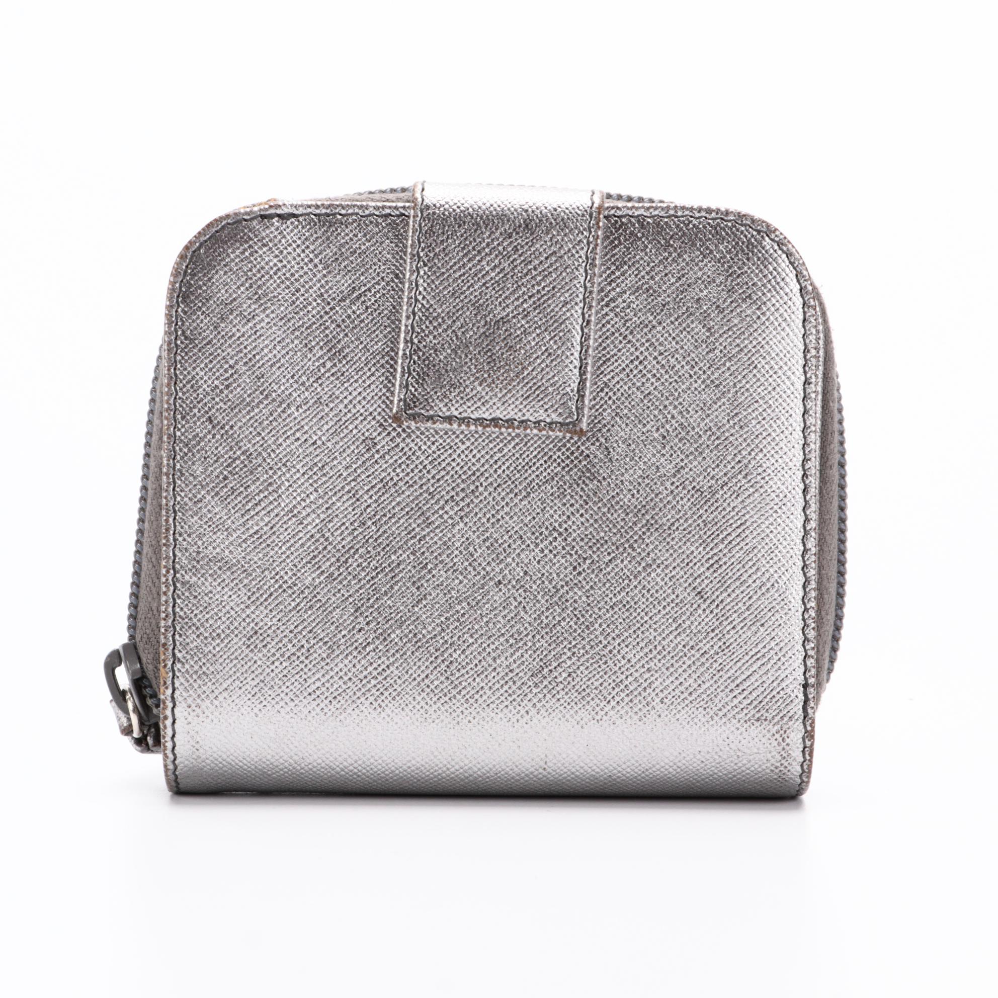 Prada Zip Around Compact Wallet in Silver Metallic Saffiano Leather