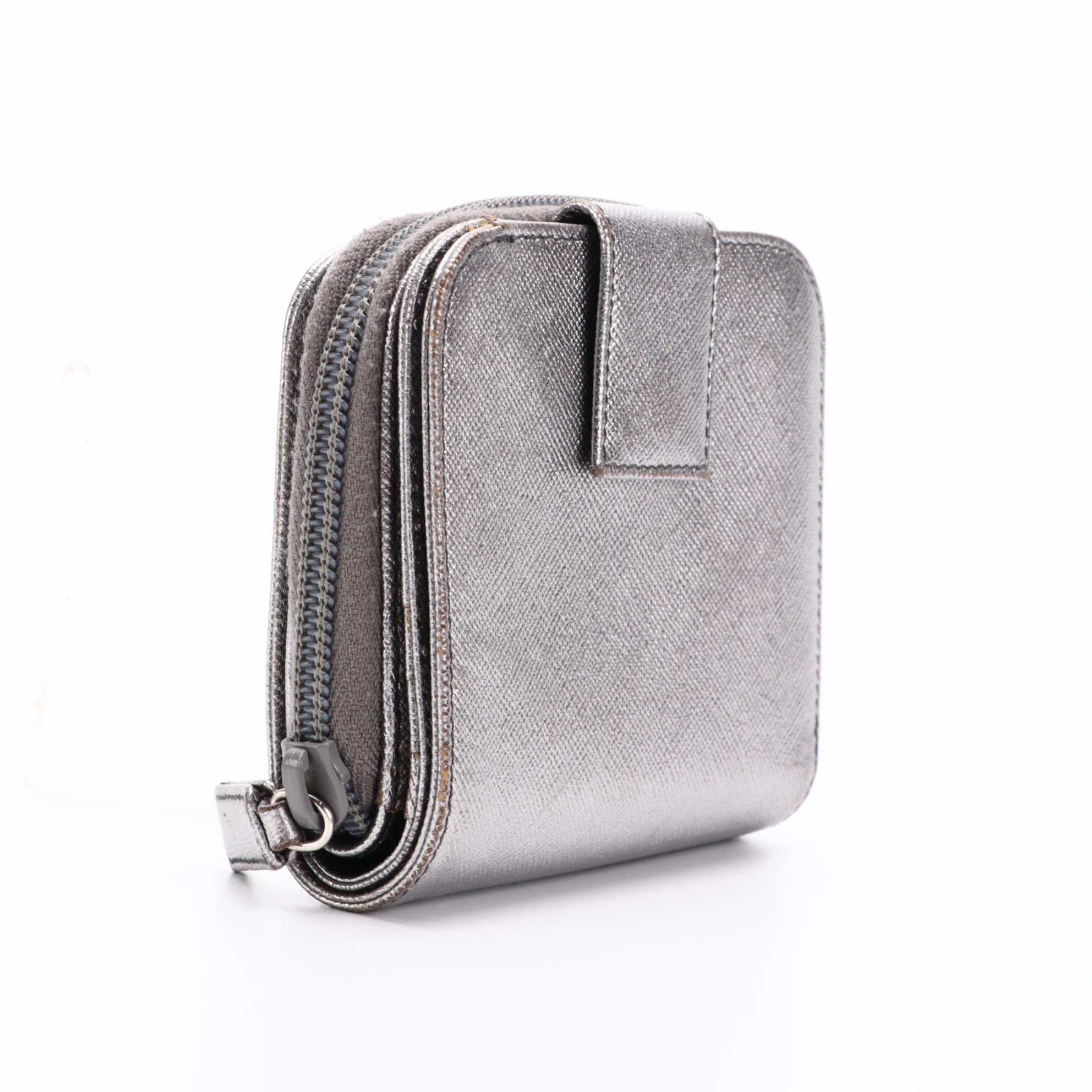 Prada Zip Around Compact Wallet in Silver Metallic Saffiano Leather