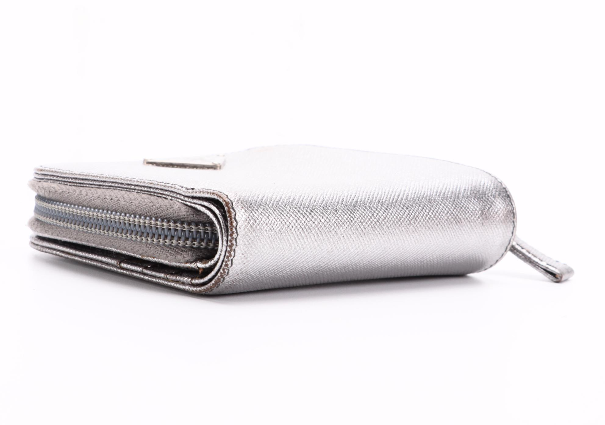 Prada Zip Around Compact Wallet in Silver Metallic Saffiano Leather
