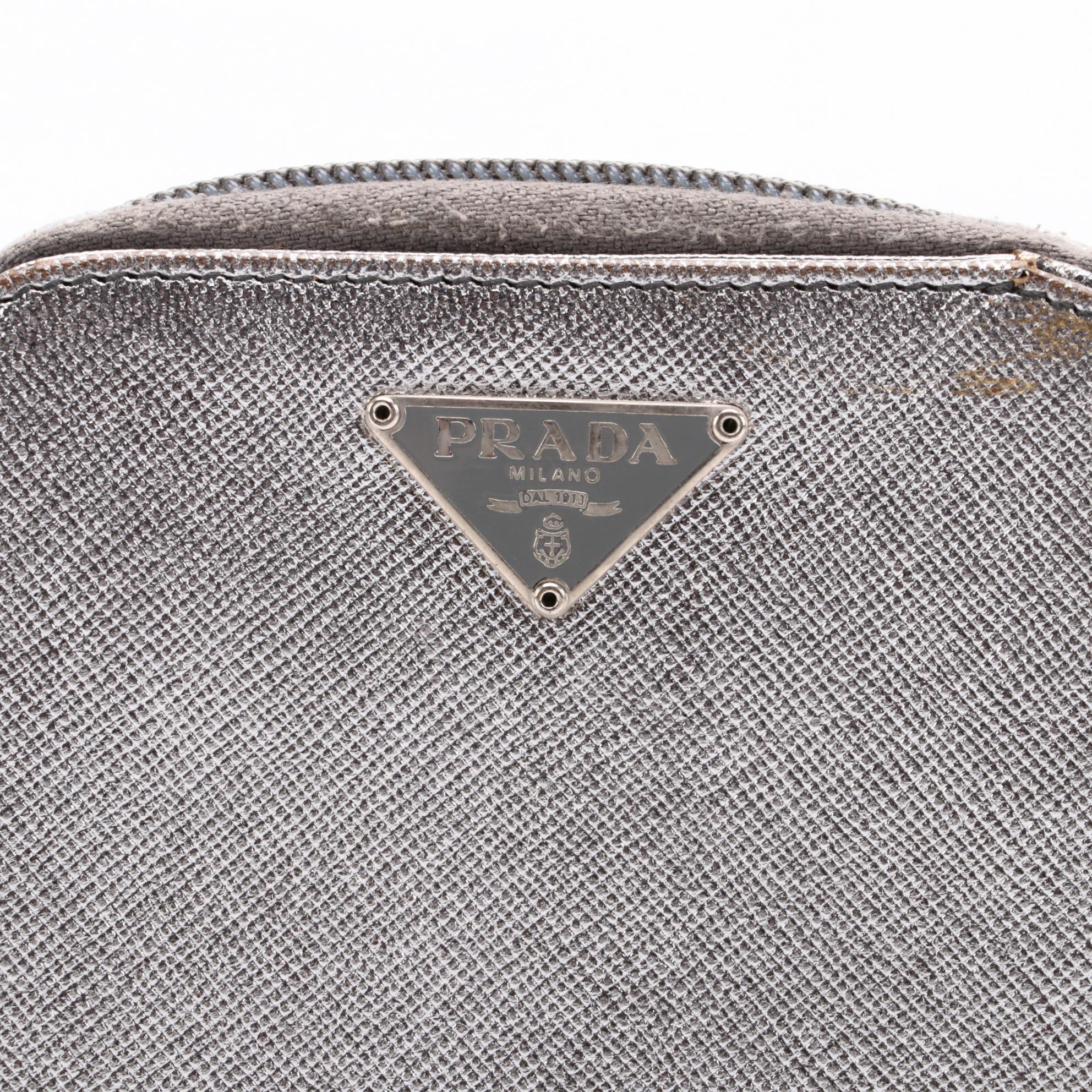 Prada Zip Around Compact Wallet in Silver Metallic Saffiano Leather