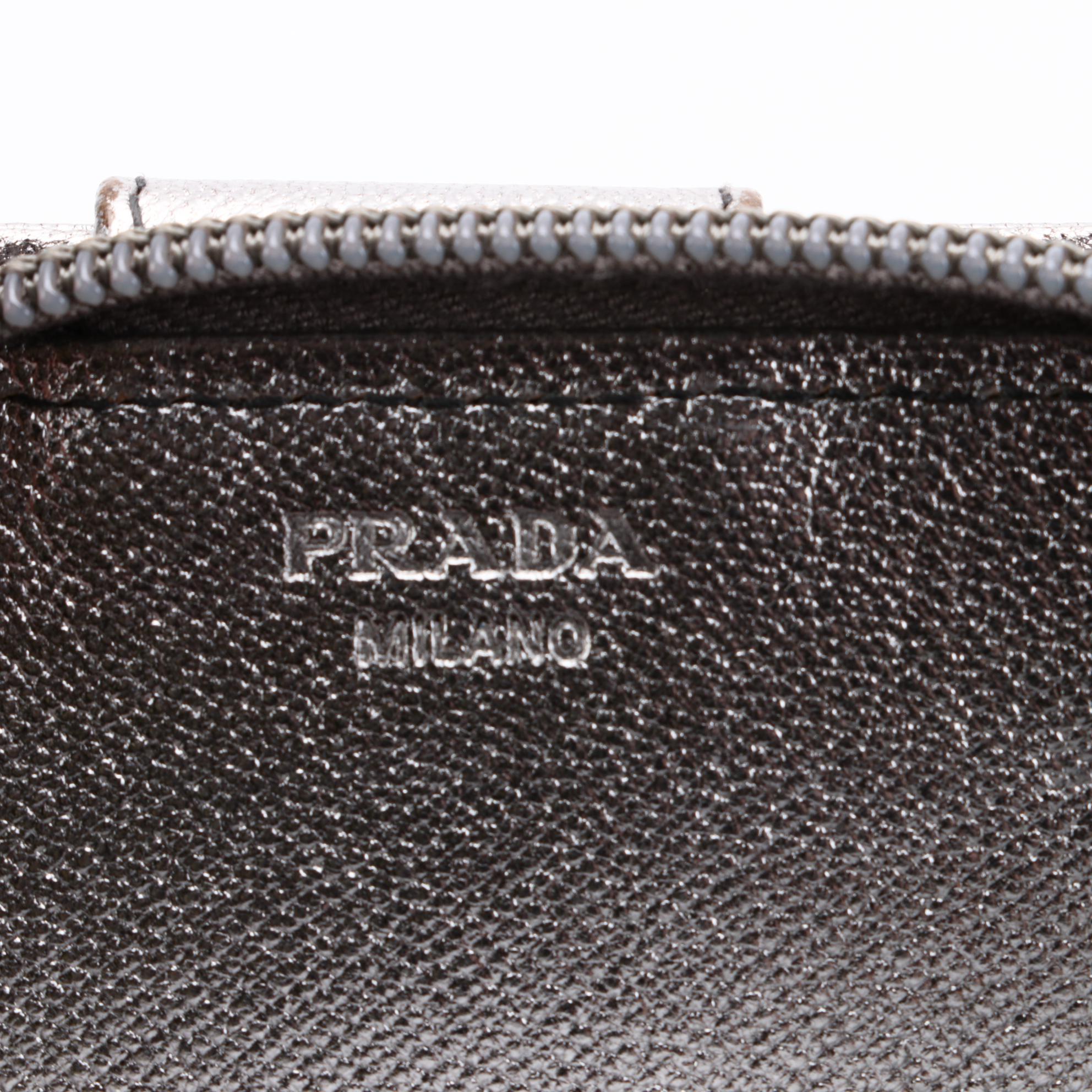 Prada Zip Around Compact Wallet in Silver Metallic Saffiano Leather