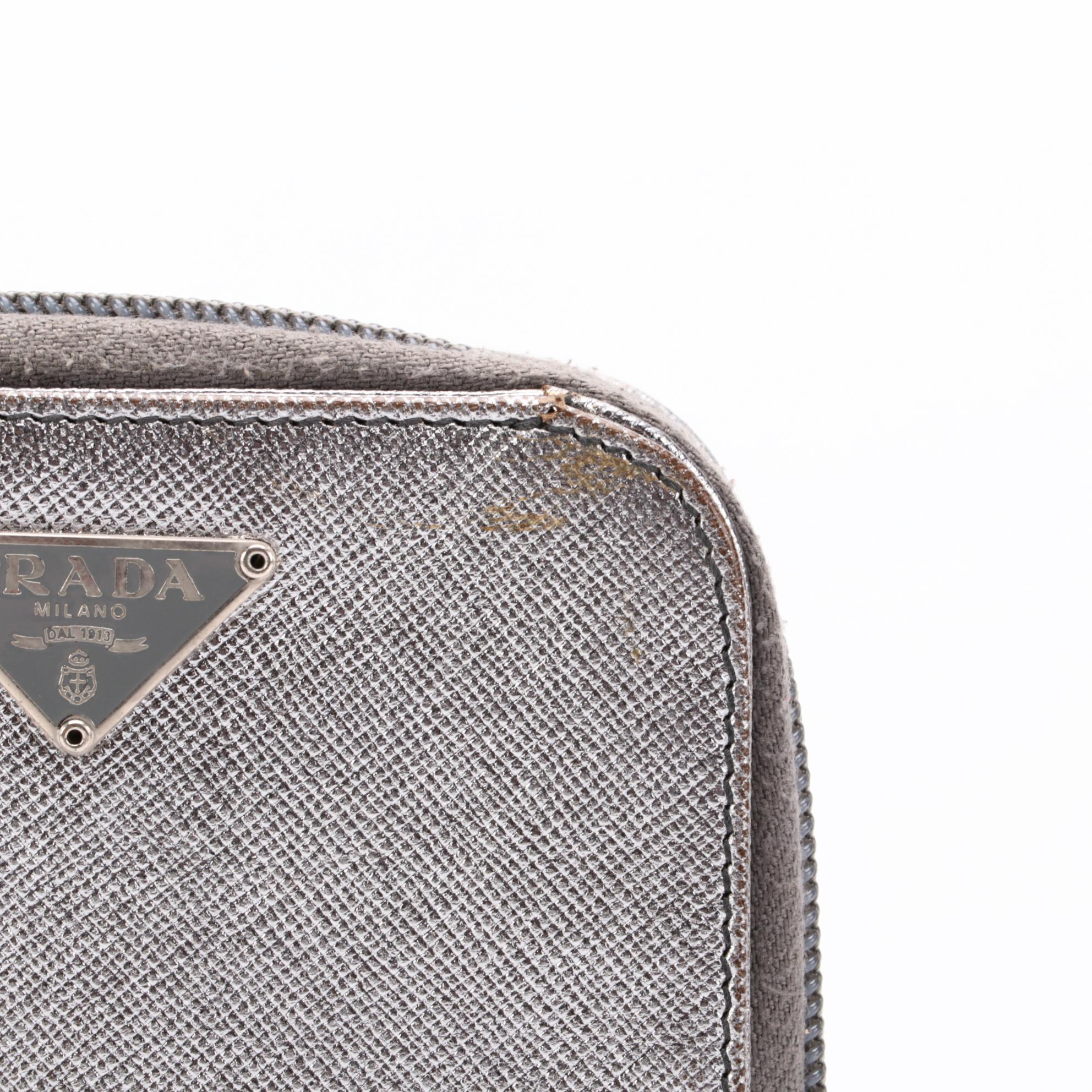 Prada Zip Around Compact Wallet in Silver Metallic Saffiano Leather