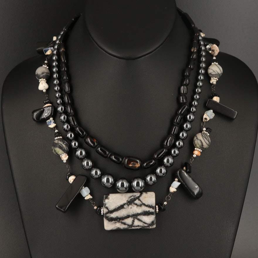 Black Coral, Hematite and Marble Necklaces