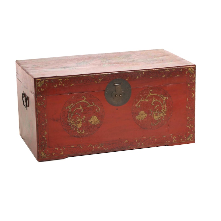Chinese Red-Lacquered and Paint-Decorated Wood Chest, Late 20th Century