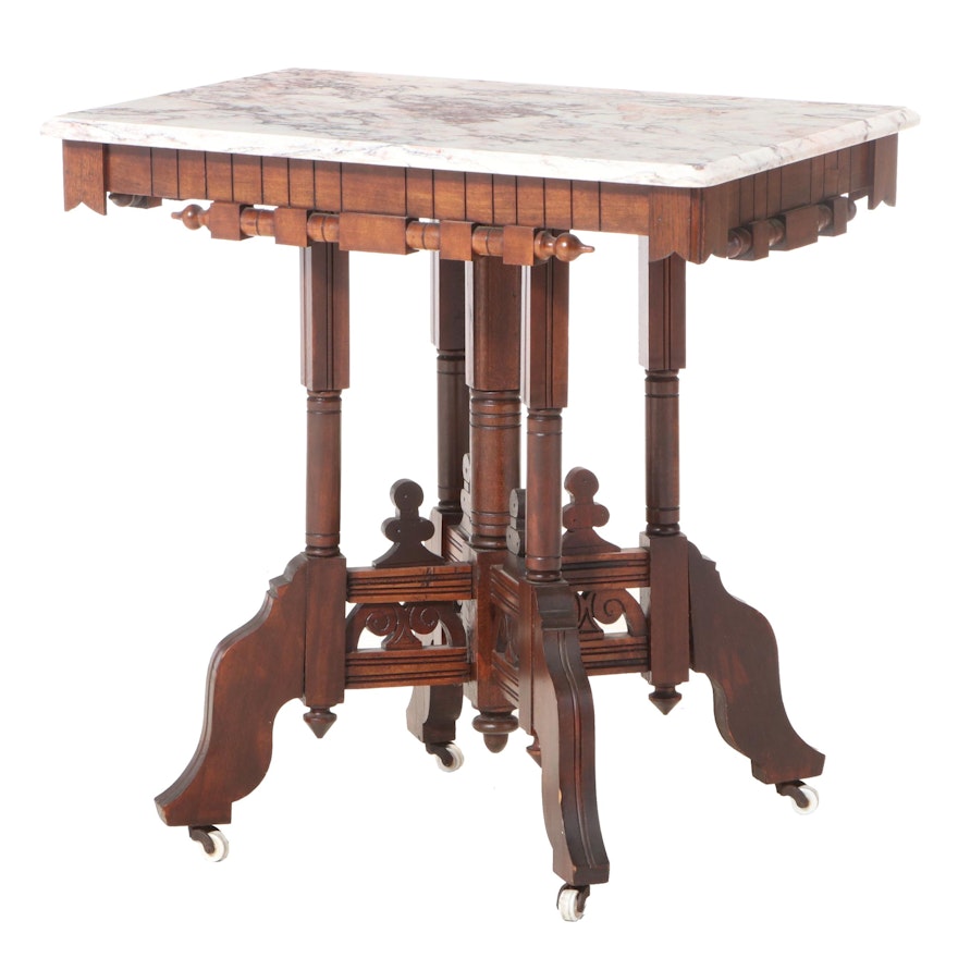 Victorian Marble Top Side Table in Mixed Woods, Late 19th Century